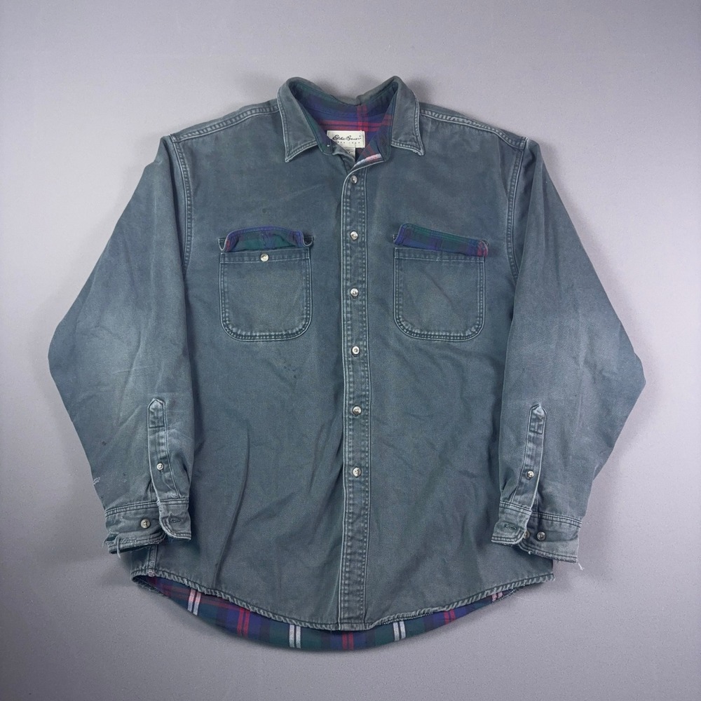 Vintage 90s Eddie Bauer Flannel Lined Canvas Shirt Jacket Made in USA Gray Large